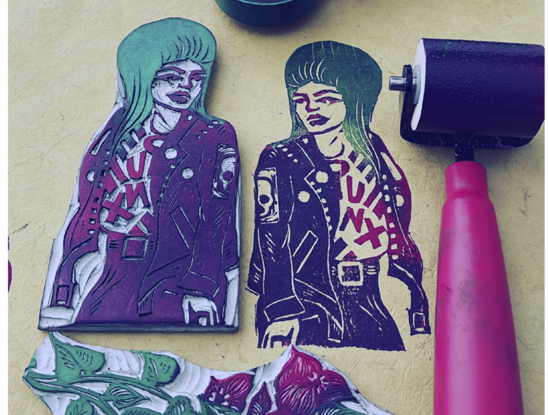 Hand-carved relief stamps representing the East LA punk scene